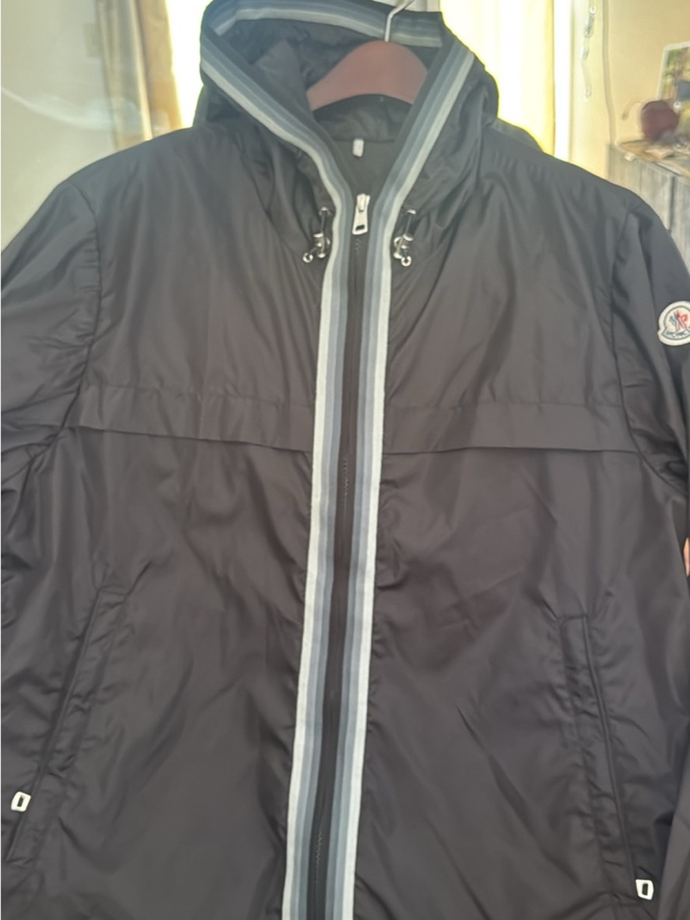 Moncler Black Hooded Windbreaker with Light Gray Trim ~ ANTON JACKET